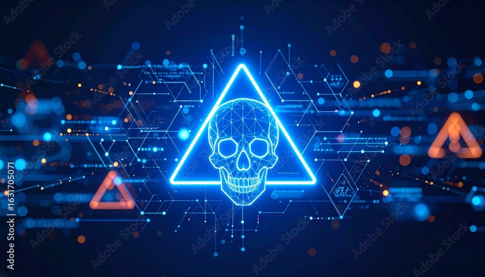 Poster cybersecurity threat symbol with neon skull and geometric patterns on dark background. this image ma