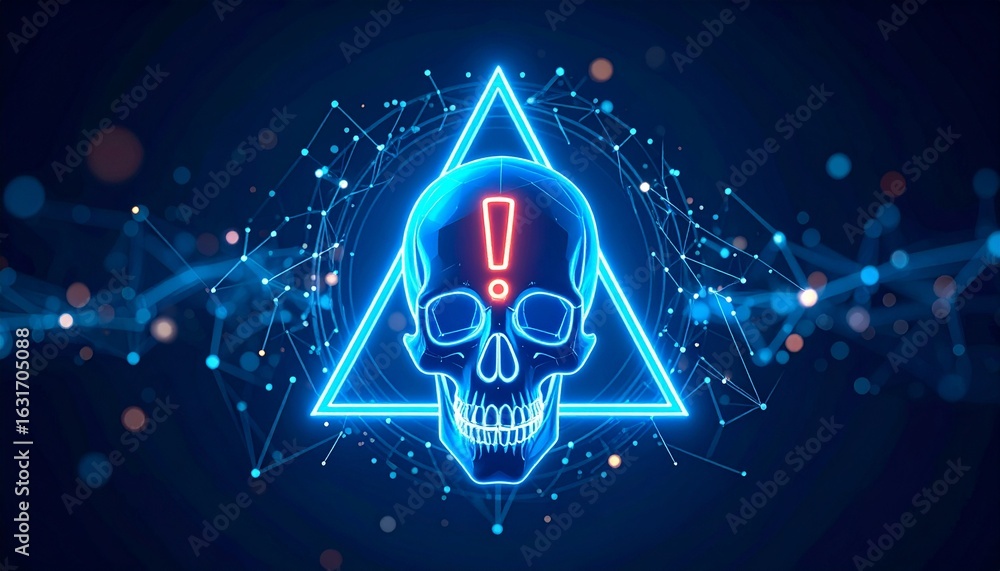 Aufkleber a neon skull with an exclamation mark inside a triangle against a tech-inspired background