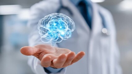 Doctor in white coat demonstrates glowing animated digital hologram of human brain, medical innovations, neurology and psychiatric care. - Powered by Adobe