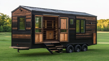Tiny house portable solar panel wood exterior black trim modern mobile eco friendly nature