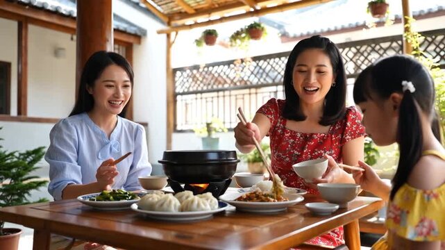 D&icirc;ner de famille joyeux dans un restaurant asiatique