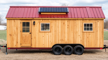 Tiny house, solar panel, wooden exterior, red roof, trailer, eco friendly, sustainable living