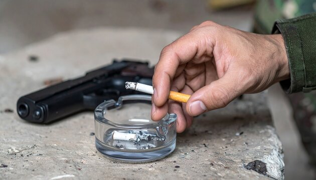 The somber image features a hand about to put a cigarette on the ashtray and a gun lying on the concrete ground. It's a provocative shot and could be used to highlight a variety of themes.