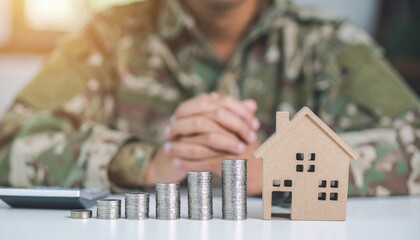 A person in military uniform calculating financial planning near coin and house
