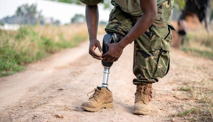 A soldier with a prosthetic leg adjusting it outdoors, displaying resilience and strength