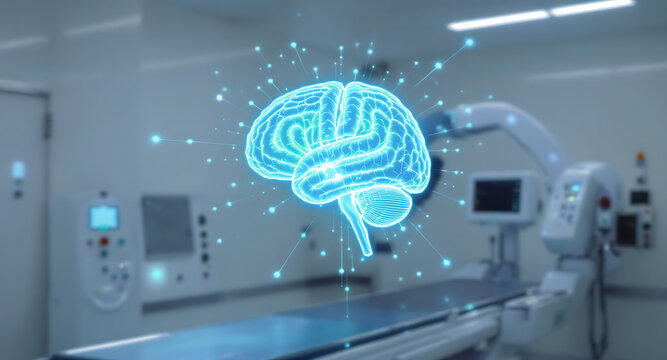 Digital hologram of human nervous system floating in medical and science research environment