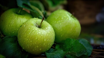 The fresh green apples glistening with droplets in a natural setting.