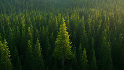 Lush green pine tree forest with sunlight highlighting single tall tree in center
