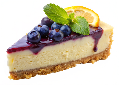 Indulge in a decadent slice of blueberry cheesecake topped with fresh fruit and mint, perfect for dessert inspiration on a transparent background