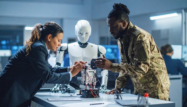 Two professionals work on a robot in a laboratory setting, showcasing technology and collaboration - Powered by Adobe
