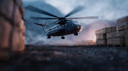 Cargo helicopter delivering equipment to remote site