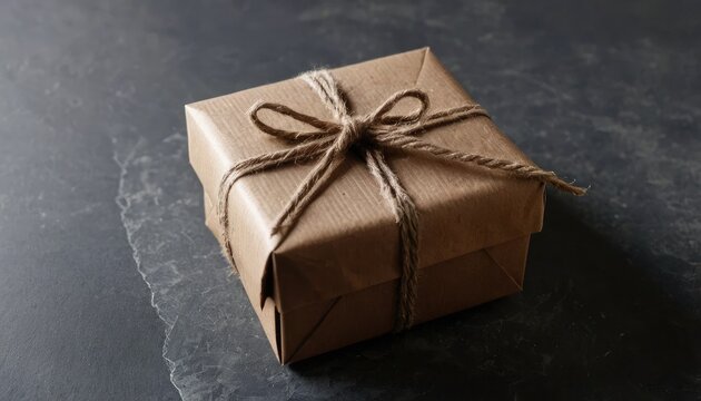 Square Gift Box Wrapped in Brown Paper Tied with Twine