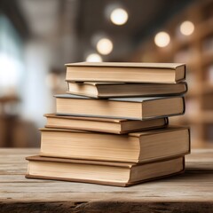 Stack of Vintage Books on Wooden Table MockUp