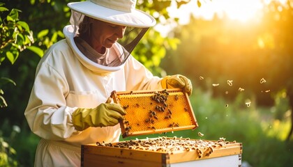 A beekeeper inspecting honeycomb filled with bees in golden sunlight