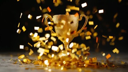 Golden trophy with falling confetti celebrating achievement and success