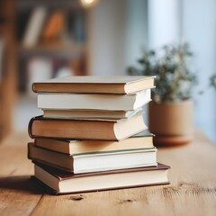 Stack of Vintage Books on Wooden Table MockUp