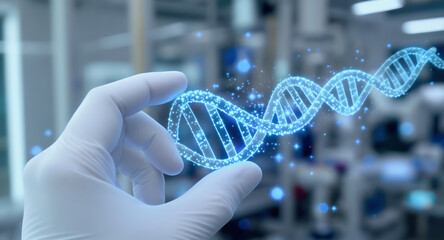 Doctor�s hand holding translucent DNA helix with glowing particles for genetics study