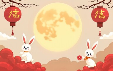 Greeting card set for Mid-autumn festival flat design. Full moon, rabbits and clouds with lettering. Chinese Translation: Mid-autumn festival and August 15th. High quality