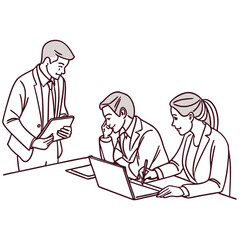 Vector art of business meeting with colleagues discussing a project with laptop