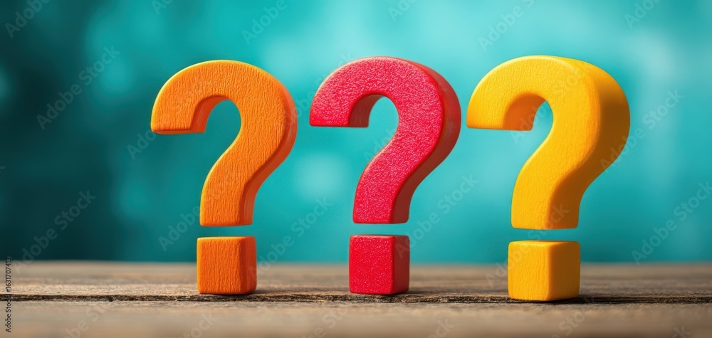 Poster the colorful question marks representing curiosity and inquiry on a wooden table.
