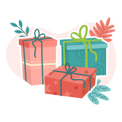 Three Wrapped Gift Boxes with Patterned Paper and String – Festive Vector Illustration
