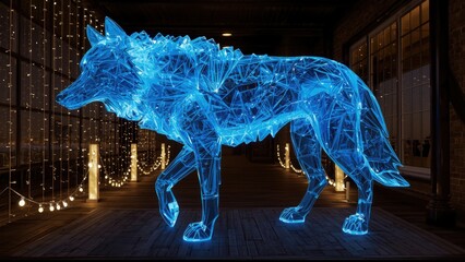 A Futuristic Digital Wolf Sculpture Illuminated by Bright Blue Lights in a Dark Alleyway