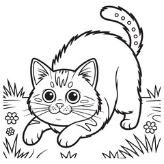 Cute Halloween Cat Playing Outdoors Line Art Illustration – Adorable Kitten with Paw Prints and Happy Expression Coloring Page