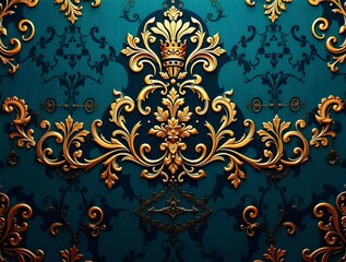Elegant Gold and Teal Damask Pattern Luxurious Baroque Design for Wallpaper Textile and Interior Decoration Texture