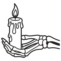 Skeleton Hand Holding Candle Line Art Illustration – Creepy Halloween Dripping Wax Candle in Skeletal Palm Coloring Page