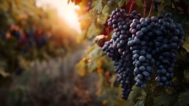 Ripe purple grapes hanging on the vine in a lush vineyard - Powered by Adobe