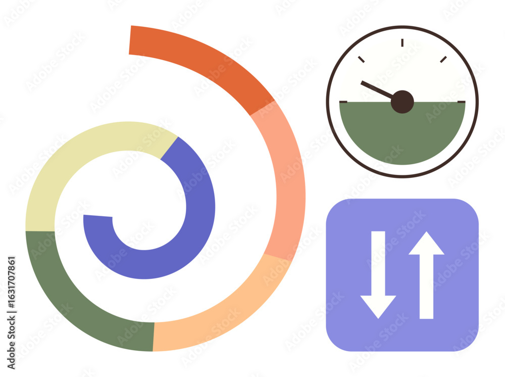 Poster circular progress chart, gauge with needle, and up-down arrows in flat style. ideal for data analysi