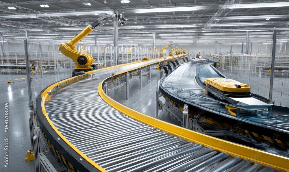 Poster modern automation in a warehouse with robotic arms and conveyor system