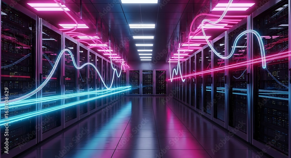 Aufkleber a server room with neon lights and data streams, representing digital infrastructure