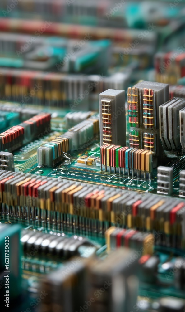 Poster intricate details of a complex electronic circuit board in close-up view