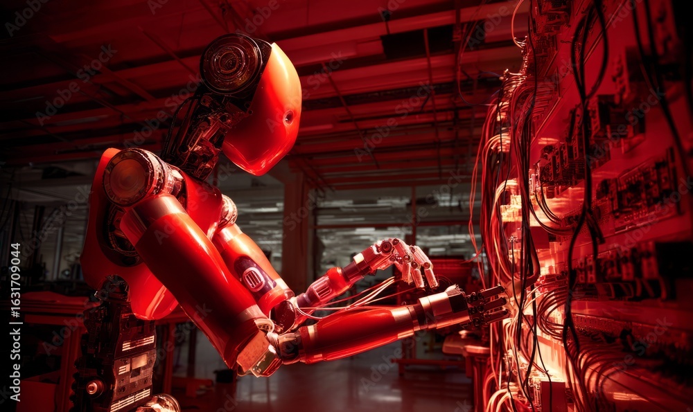 Poster robotic arm manipulating wires in a modern lab setting at night