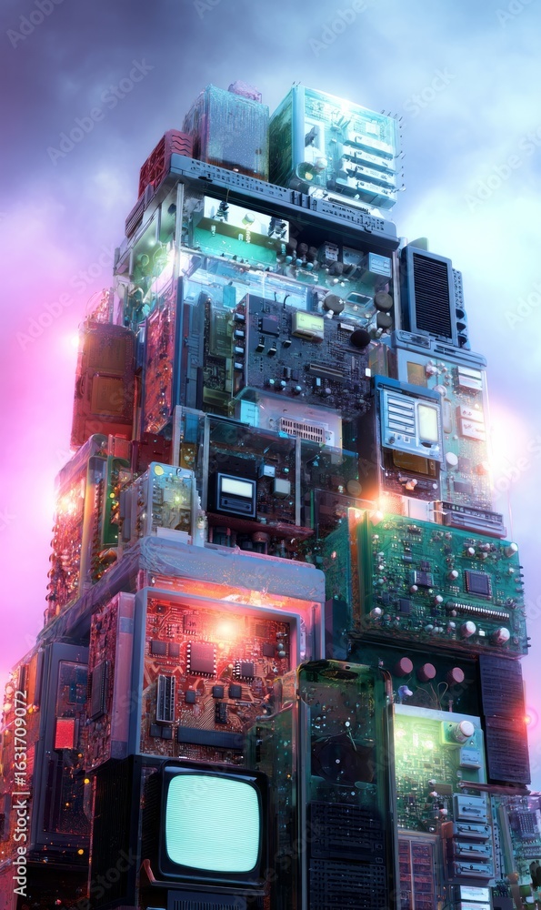 Poster tower of circuit boards and electronics illuminated at twilight