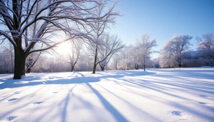 Obraz premium Winter park with frosted trees and sunlit snow Keywords: winter, snow, park, trees, frost