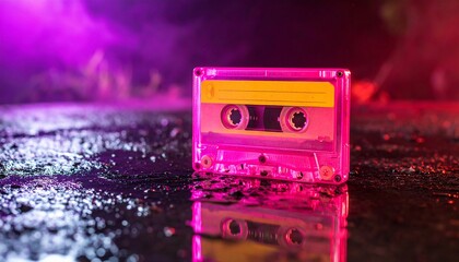 Retro Pink Cassette Tape Reflecting on Wet Surface with Neon Purple and Red Lighting
