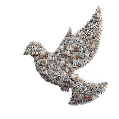Pile of letters forming a dove shape, words of peace, isolated on transparent background