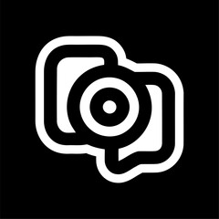 Minimalist Dual Camera Icon in Black and White. Stylized white dual camera icon with overlapping elements on black background. Ideal for photography, media, content creation, or tech UI design.

