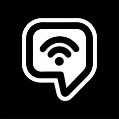 Minimalist Wi-Fi Signal Chat Icon on Black Background. White Wi-Fi signal icon inside a speech bubble on black background. Perfect for communication, connectivity, online chat, or tech app interfaces
