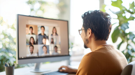 Man working remotely from home, participating in virtual meeting on computer screen. workspace is bright and surrounded by greenery, promoting flexibility and innovation