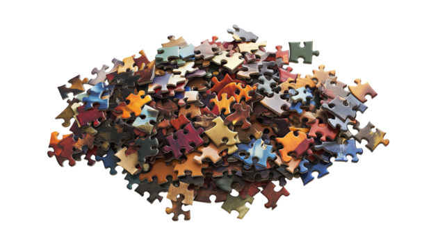 A puzzle, isolated on white background as a transparent PNG, featuring interlocking pieces, vibrant colors, and a playful, brain-stimulating design.