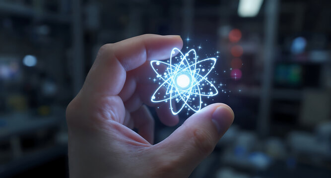 Hand Holding Glowing Atom Like Energy Core For Scientific Technology Concept