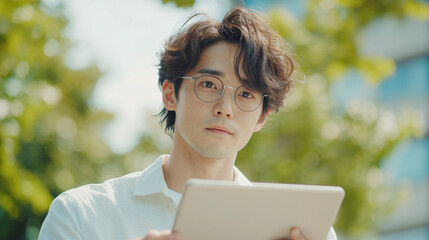 Young professional with glasses is working outdoors on tablet, surrounded by greenery and natural light, embodying remote work flexibility and innovation in serene environment