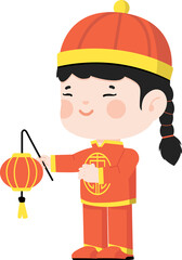 Illustration of Chinese Boy Holding Lantern