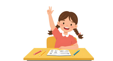 Happy Young Student Girl Raising Hand in Classroom Education Concept