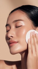 Vertical close-up of a young woman with eyes closed, gently wiping her cheek with a cotton pad on a beige background. Minimal, dewy skincare aesthetic conveying clean beauty, toning or makeup removal.