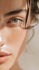 Female face with dewy skin and wet hair strand. Freckles,  full lips, fresh skin and green eyes in bright sunlight.