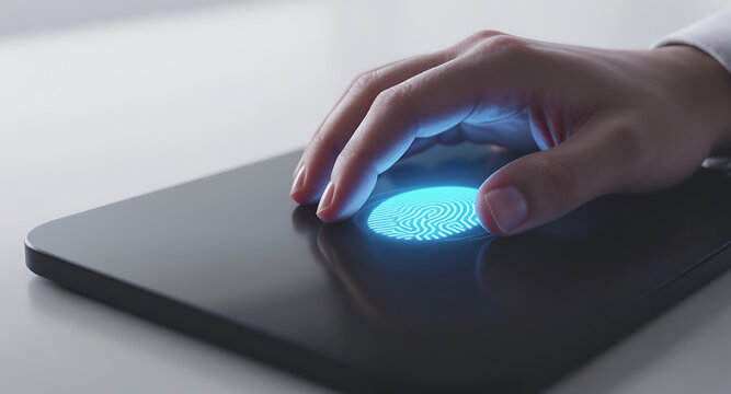 Hand With Glowing Blue Fingerprint On Digital Pad Interface